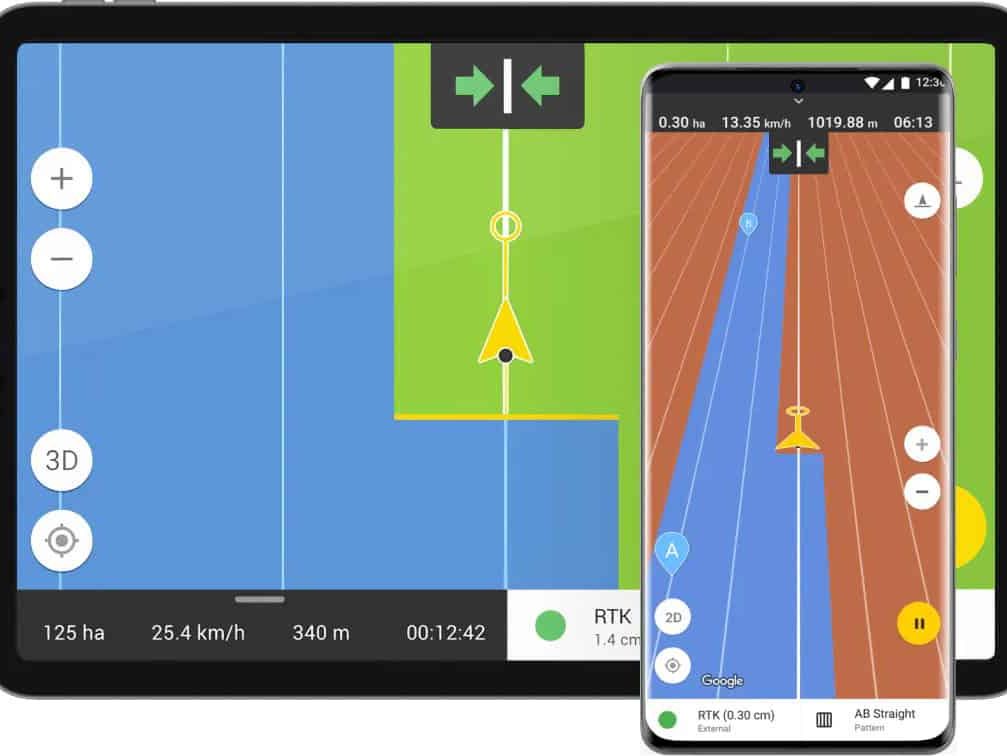 Nettbrett og mobil viser presisjonslandbruk-app med GPS-sporing.